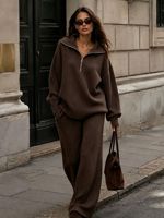 Ensemble tricoté pour femme à col montant semi-zippé, style décontracté ample, pull et pantalon large, tenue deux pièces