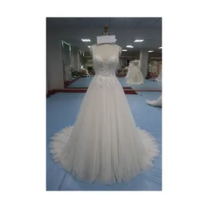 Abito da sposa bianco da donna di alta qualità a line abito da sposa da sposa in tulle senza maniche in pizzo