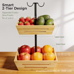 Wooden Double Layer Fruit <b>Basket</b> With Hooks <b>Bamboo</b> Storage <b>Basket</b> For Home Kitchen Use - Product Image 2