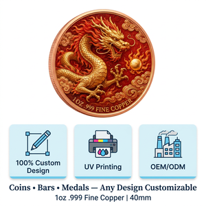 Moneta in Rame Puro 999 da 1oz Personalizzata Anno del Drago, Stampa UV Fronte-Retro, Colorata, Regalo Cinese in Lingotto d'Oro, Direttamente dalla Fabbrica - Product Image 3