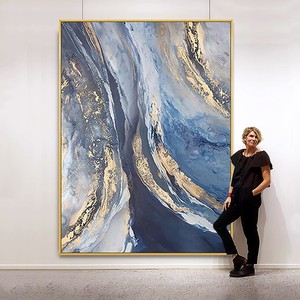 Peinture à l'huile abstraite peinte à la main, cadre doré, art mural rectangulaire moderne pour entrée, salon, grande taille, à suspendre - Product Image 1