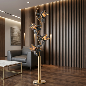Lámpara de Pie de Lujo con Base de Metal Pesado y Cristal Gris en Forma de Loto, E26, Lámpara de Pie Floral Contemporánea para Hoteles, Villas y Hogares de Alta Gama - Product Image 5