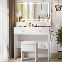 Tabouret de coiffeuse moderne et écologique avec miroir de maquillage à éclairage LED, 3 étagères, 2 tiroirs, LED à intensité variable, en MDF, pour chambre à coucher