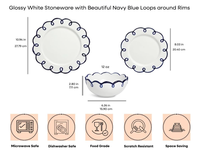 Service de vaisselle en porcelaine blanc brillant, assiettes et bols, bordures festonnées bleu marine, vaisselle personnalisée écologique pour restaurants et hôtels