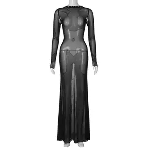 Vestido maxi feminino estética sexy com gola alta manga longa bodycon magro streetwear elástico para festas e clubes