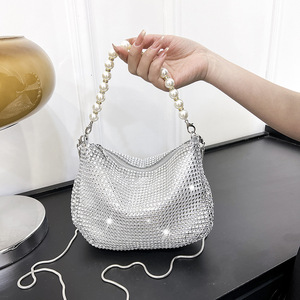 Fashion Classic Full Drill Hourglass Ladies Evening Clutch Bag Pearl Hand Diamond Design Chain Strap Magnetic Closure Polyester - Product Image 2