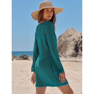 Traje de baño de ganchillo para mujer, vestido de playa de punto de malla con cuello en V y manga larga, ajustado, talla XS, ropa de verano para vacaciones - Product Image 6