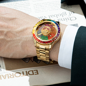 Montre de luxe pour homme en acier inoxydable, style Hip Hop, avec cadran rotatif floral, incrustée de diamants, couleur or - Product Image 5