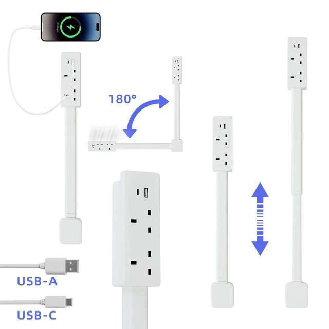 Rotatable Extendable Outlet Plug Stick with 2 AC Outlets, USB-A and USB-C