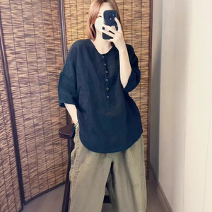 Cotton Linen Short Sleeve Shirt Women's Clothing Round Neck Loose Fit Solid Color Buttons Everyday Wear Ginger Yellow - Product Image 5