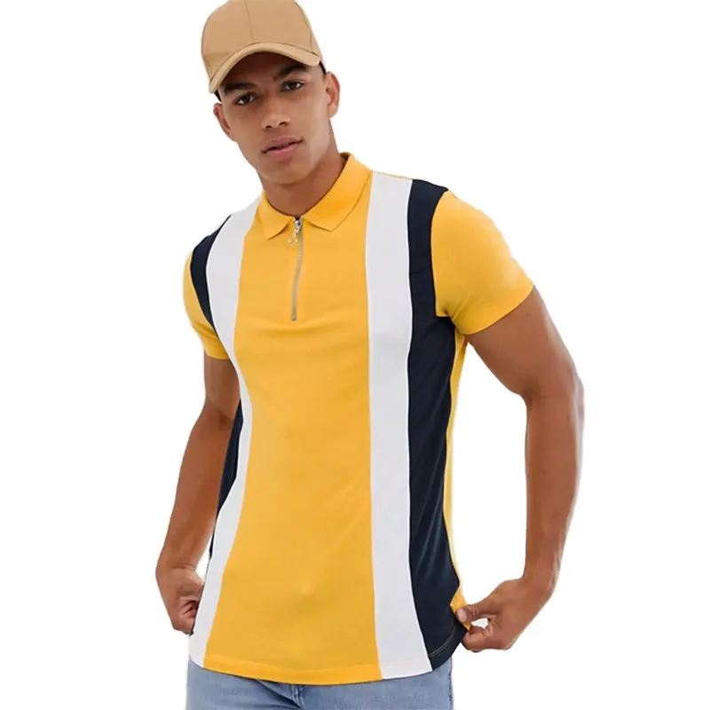 KY kleding fabrikanten 100% Katoen Polo kraag Zip hals Korte mouwen pique polo t-shirt met verticale Contrast panelen