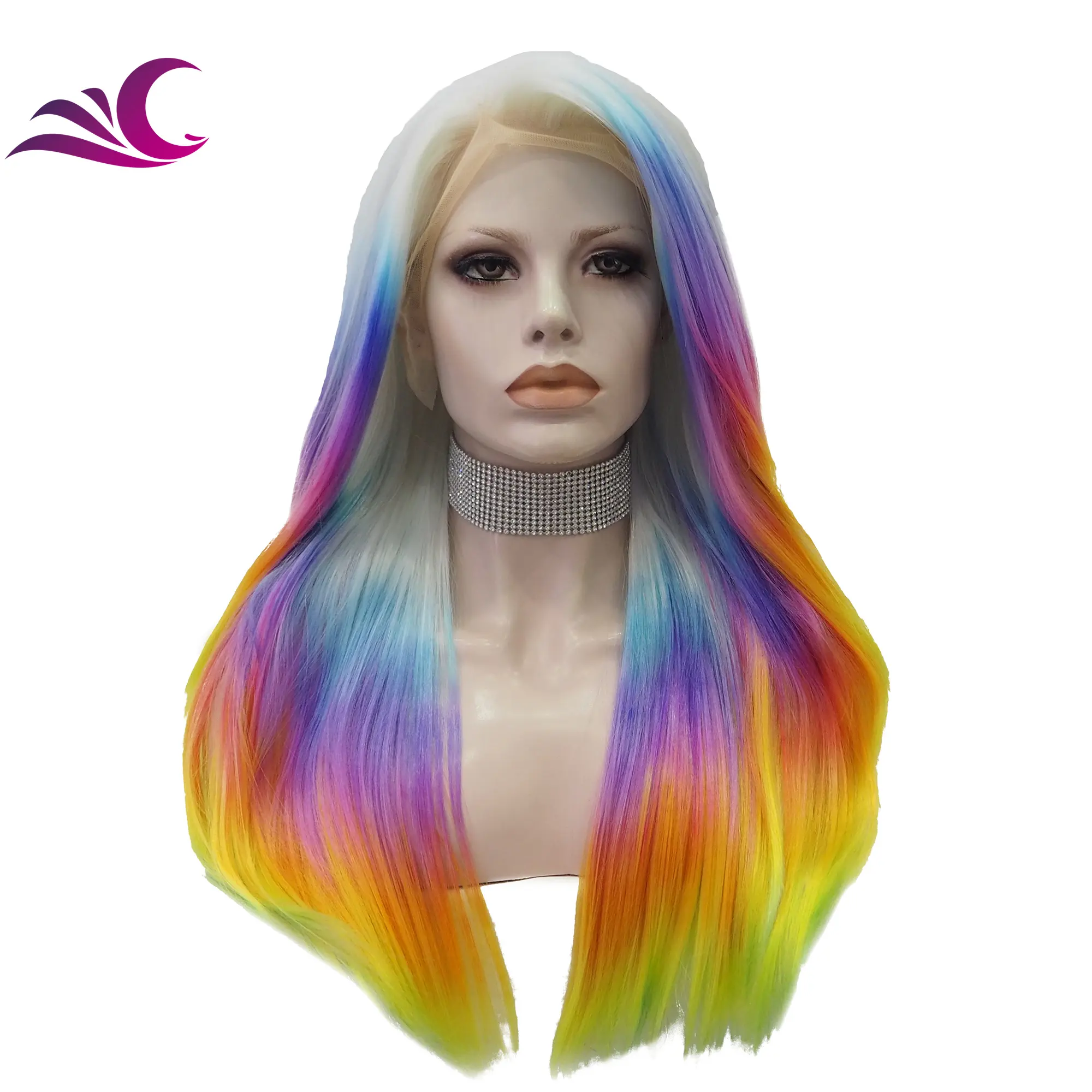 Wig Rambut Sintetis Holografik Renda Pelangi, Wig Rambut Sintetis Premium Tahan Panas Silky Lurus Futura