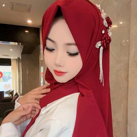 Nuosha OEM Nouvelle Mode Malaisie Indonésie Foulard Hijab en Chiffon de Gaze avec Fleurs en Verre Fait Main, Pompon et Perles, CE, Usage Quotidien