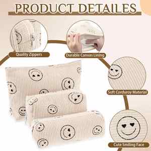 Juego de 3 Bolsas de Cosméticos de Pana con Diseño de Cara Sonriente, Estuche para Lápices Estilo Preppy, Bolsa de Viaje para Maquillaje y Belleza - Product Image 4