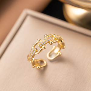 <span class=keywords><strong>Bague</strong></span> Chaîne Personnalisée en Argent Sterling S925 Plaqué Or avec Fermoir <span class=keywords><strong>Fer</strong></span> <span class=keywords><strong>à</strong></span> <span class=keywords><strong>Cheval</strong></span> et Zircon pour <span class=keywords><strong>Femme</strong></span> – Bijou de Soirée - Product Image 2