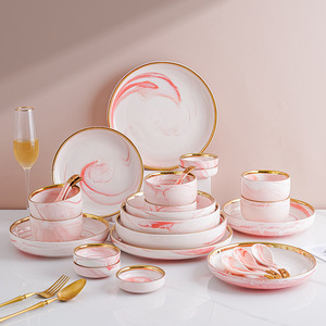 Service de table en céramique moderne et tendance à motif marbré, vaisselle jetable pour usage domestique simple, comprend des bols, des assiettes et des baguettes - Product Image 1