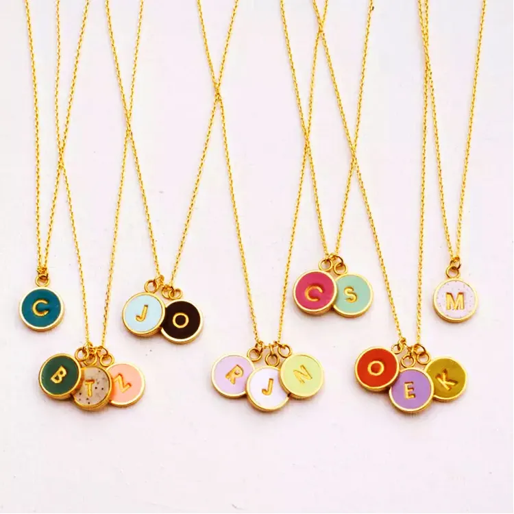 tarnish free stainless steel gold plated colorful enamel epoxy coin pendant 26 initial letter necklace