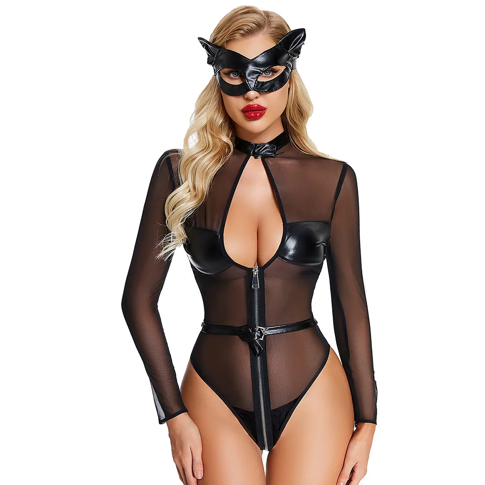 Sexy Poly Buste Flexible Fermeture Éclair Entrejambe Conception Maille En Cuir Épissage Maille Robe Masque Femmes Diable Jouer Lingerie Érotique