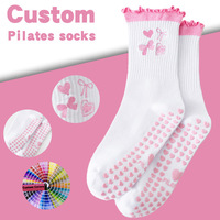 Chaussettes de yoga en coton brodées blanches personnalisées pour femmes, mi-mollet, antidérapantes, à 5 doigts, pour le Pilates