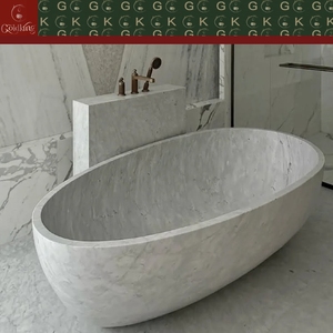 Bañera Ovalada Independiente de Mármol Bianco Carrara, Moderna y de Lujo, con Vetas Grises Suaves, Personalizable OEM, Marca GOLDKING - Product Image 4