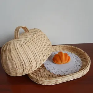 Vassoio di stoccaggio in vimini con coperchio in tessuto a mano cesti di vimini pane frutta cibo espositore per colazione scatola per cibo torta di frutta ecc - Product Image 5