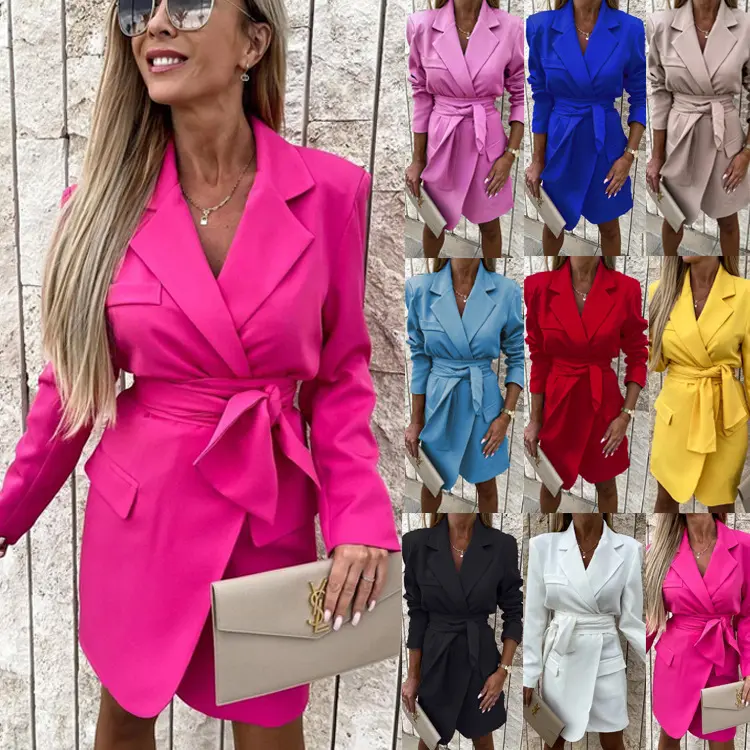 Großhandel Pendler einfarbig Schnür Taille lose bonbon farbenen Blazer Langarm Damen Kleid elegant Midi Sommerkleid 2022