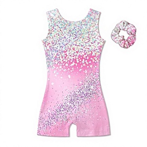Justaucorps de gymnastique rose dégradé à paillettes pour filles avec ensemble chouchou – Style débardeur léger et respirant pour printemps-été - Product Image 2