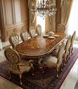 Ensemble de table à manger ronde en teck antique doré, luxe royal, 10 places, meubles de salle à manger - Product Image 1