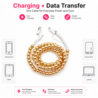 Câble USB de charge rapide 4-en-1 style bijoux perlés dorés, cordon de données Type-C pour Android et iPhone, cadeau fait main