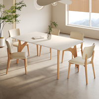 Ensemble table et chaises de salle à manger rectangulaire moderne en chêne massif style crème avec plateau en pierre, mécanisme coulissant durable, 6 places, à assembler