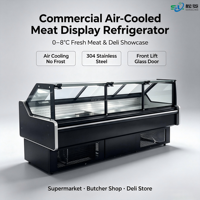 Comptoir de présentation réfrigéré commercial pour viande, en acier inoxydable, avec refroidissement par ventilateur, pour boucherie et supermarché