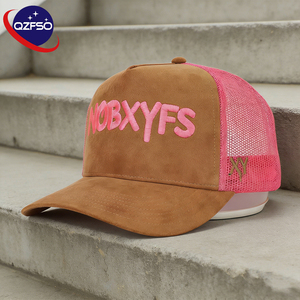 Casquette de camionneur QZFSO personnalisée à 5 panneaux avec logo brodé, pour hommes et femmes, en maille, Gorras, en daim de haute qualité, bicolore - Product Image 1