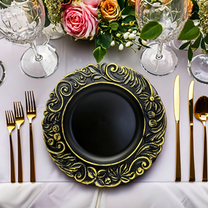 Assiettes de charge en plastique réutilisables à bord doré antique rondes motifs de <span class=keywords><strong>plat</strong></span> vert/noir/orange/violet/blanc pour décorations de mariage - Product Image 2
