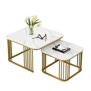 Table basse pour la maison, ensemble de 2 tables durables avec plateau en bois et structure en fer pour salon et chambre - Product Image 1