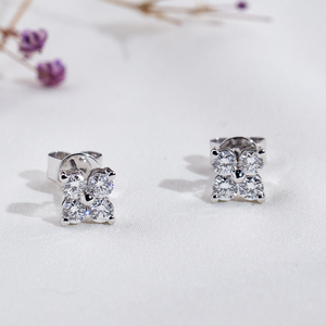 Boucles d'oreilles fleur en or blanc 9 carats avec diamants ronds pour femmes Messi Jewelry MSE-902 - Product Image 1