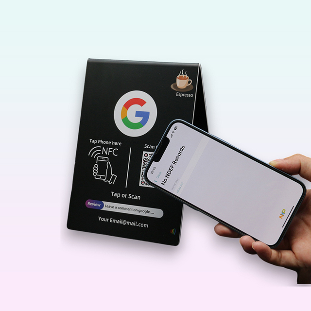 Factory-Low Price NFC PVC Stand with Printed Reviews NTAG213 Chip ISO 14443A Protocol 13.56MHz RFID Communication Interface