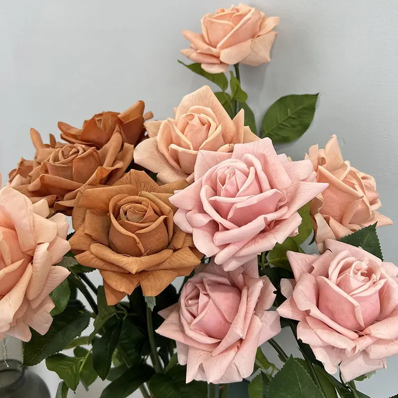 A-354 Hoge Kwaliteit Rose Bloem Latex Real Touch Faux Bloemen Dusty Rose Gebrande Oranje Rozen