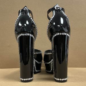 Sandalias de tacón grueso con punta abierta y diamantes para mujer, talla grande 47, con plataforma gruesa y hebillas en el tobillo, zapatos de charol. - Product Image 4