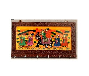 Traditional Handcrafted Wooden Wall Hanging Featuring <b>Elephant</b> and Human Figures Artwork with Intricate Carved Details for Entry - Product Image 1