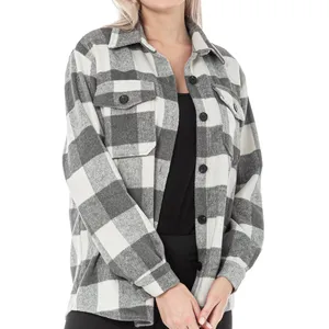 Custom Women Oversized Flannel Buffalo Plaid Long Sleeve White And Black Shirts Shacket Jacket For Women With Hoodie