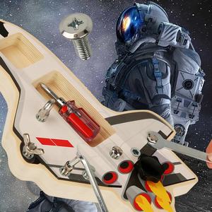 Nave espacial de madera Montessori, tablero ocupado, juguete para niños pequeños, aprendizaje temprano, quitar, instalar tornillo, tuerca, tablero de actividades para habilidades motoras finas - Product Image 4