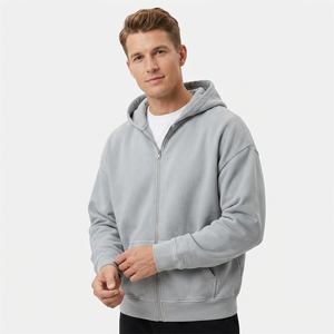 Sudadera con Capucha y Cremallera para Hombre, Gris Sólido, Corte Regular, Informal, para Otoño, 100% Algodón, Transpirable, Tejida, con Cremallera Completa - Product Image 1