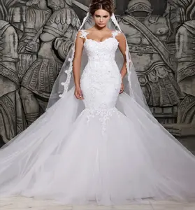 F251 उच्च गुणवत्ता विंटेज फीता मरमेड शादी की पोशाक स्पेगेटी पट्टा के माध्यम से देखें वापस ब्राइडल गाउन
