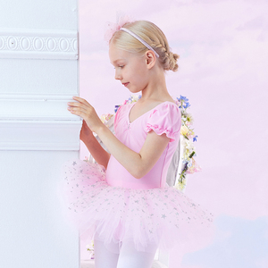 Đáng yêu màu hồng V-cổ ba lê <span class=keywords><strong>unitard</strong></span> cho trẻ em-Puff-Sleeve Thiết kế & lấp lánh tutu váy - Product Image 6