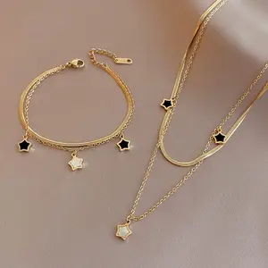Women Jewelry And Accessories 14k Gold Double Layer Necklace Bracelet Stainless Steel Jewelry Set For Women