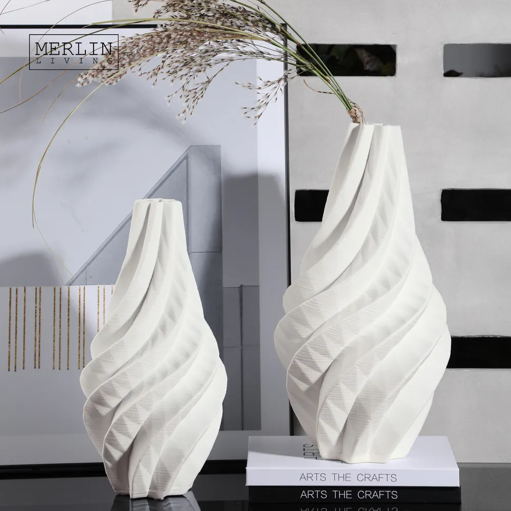 Merlin Living 3D Printing Vase Home Decor Ceramic Vase Decoration White Vase Flower Chaozhou Ceramic Factory Wholesale