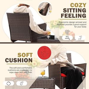 Ensemble de meubles de patio en rotin tressé de haute qualité, 3 pièces, ensemble de bistrot de jardin extérieur avec table et fauteuils rembourrés - Product Image 5