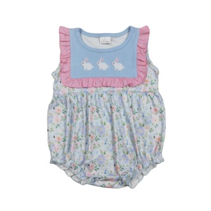 RTS - Mono de burbujas para bebé niña con bordado de conejo 'Él ha resucitado', 95% algodón, 5% elastano, con estampado floral, ropa casual de Pascua para recién nacido - Product Image 1