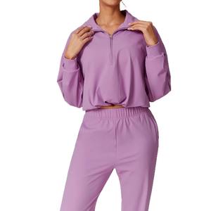 Ensemble sweat-shirt à capuche avec logo personnalisé pour femmes vêtements de yoga courts pour l'entraînement de course respirant taille élastique Yoga grande taille - Product Image 6