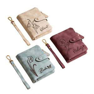 Portefeuille-bracelet classique en cuir personnalisé pour demoiselle d'honneur, gravé du nom et du motif floral de naissance, porte-cartes pour usage quotidien - Product Image 1
